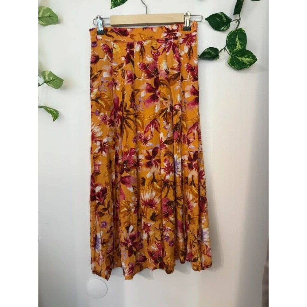H&M Floral Midi Skirt Mustard Yellow VSkirt Boho Cottagecore Fall Skirt US 4